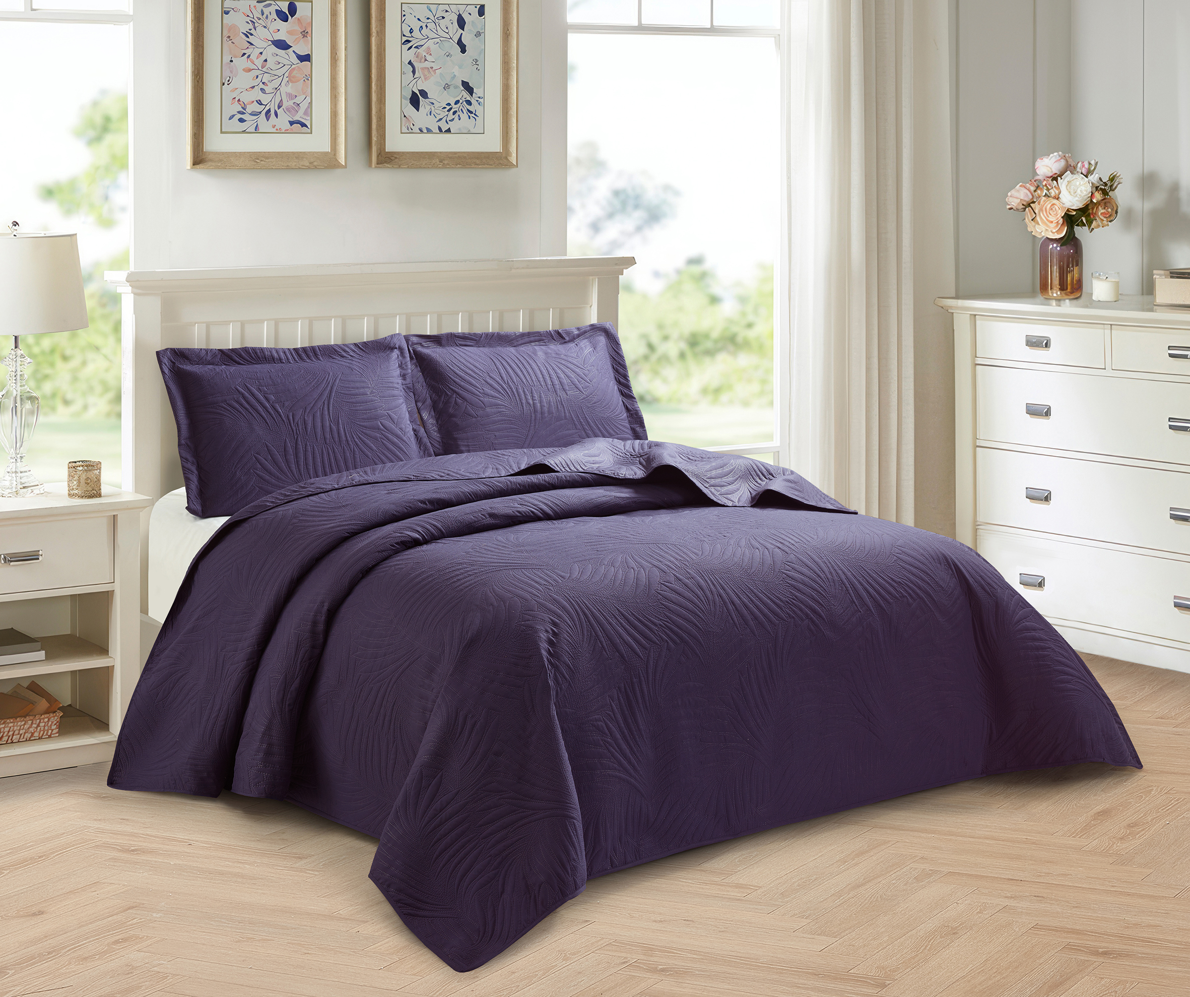 Bedspread 3 Piece Emboss Quilted Comforter Bedding Set Bed Throw Reversible King - Image 7