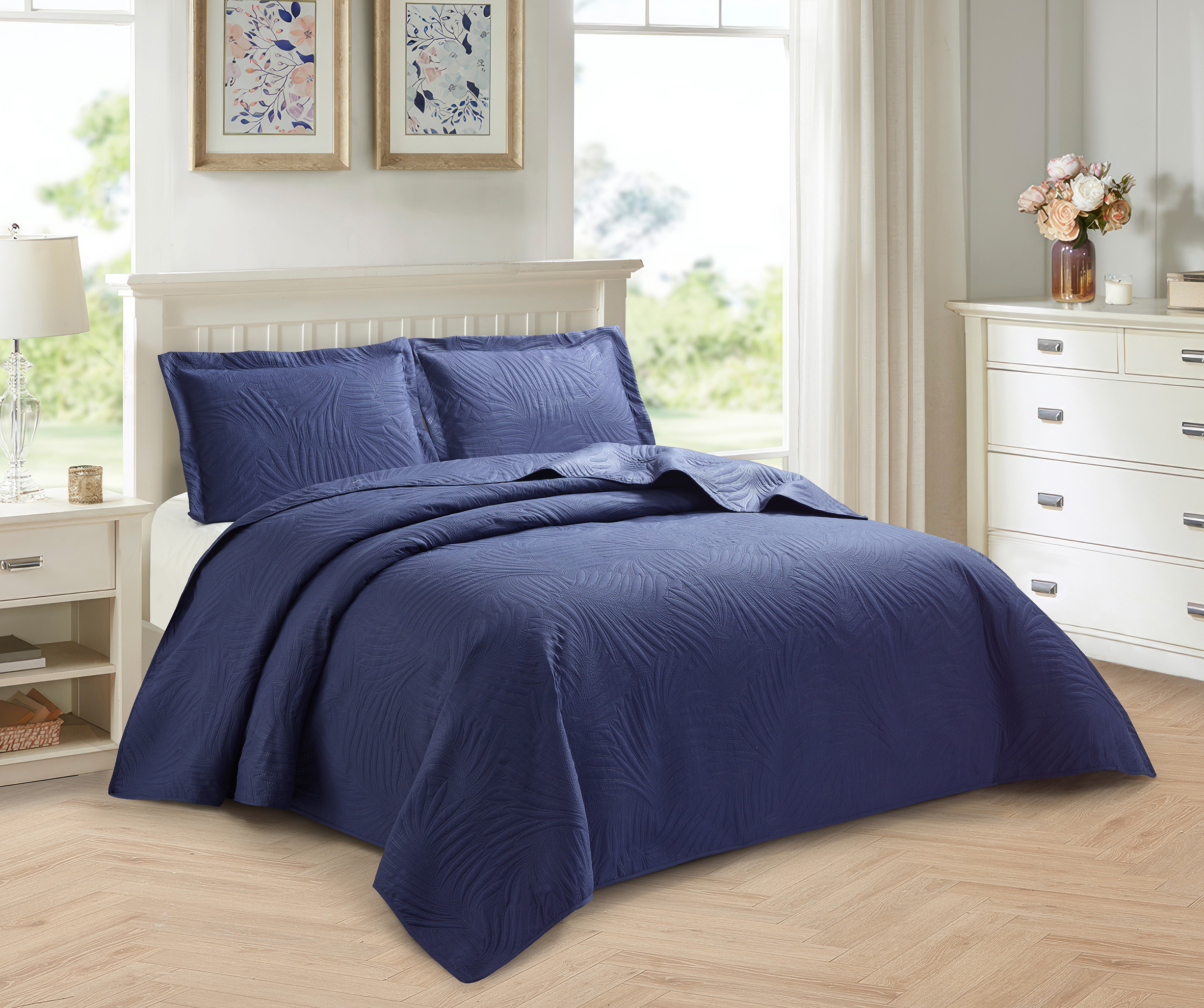 Bedspread 3 Piece Emboss Quilted Comforter Bedding Set Bed Throw Reversible King - Image 2