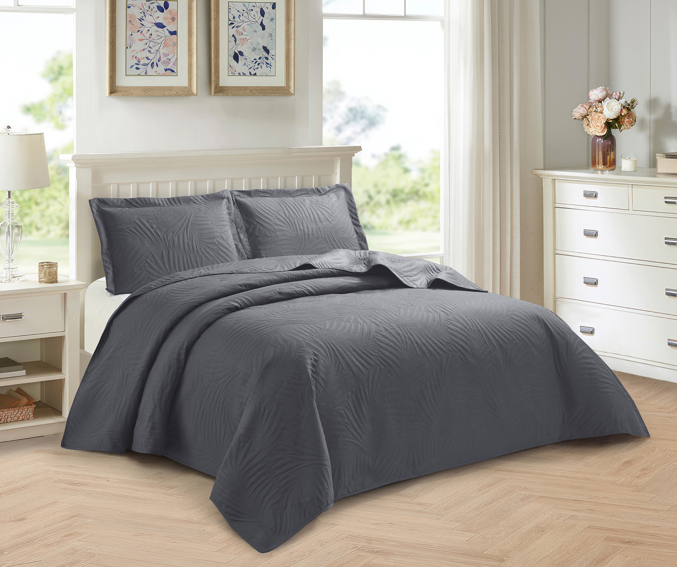 Bedspread 3 Piece Emboss Quilted Comforter Bedding Set Bed Throw Reversible King - Image 3