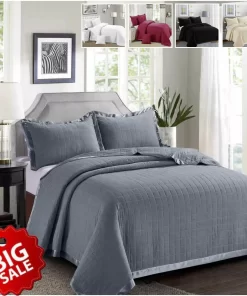 3 Piece Quilted Bedspread Bed Throw Single Double King Size Embossed Bedding Set