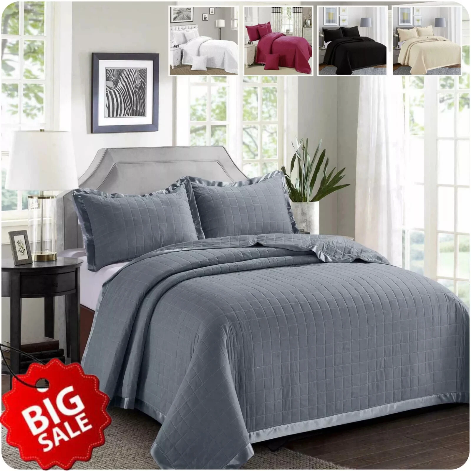 3 Piece Quilted Bedspread Bed Throw Single Double King Size Embossed Bedding Set