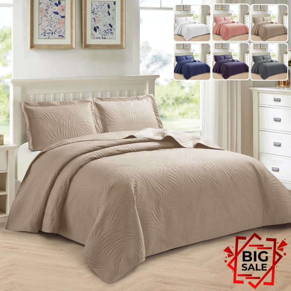 Bedspread 3 Piece Emboss Quilted Comforter Bedding Set Bed Throw Reversible King
